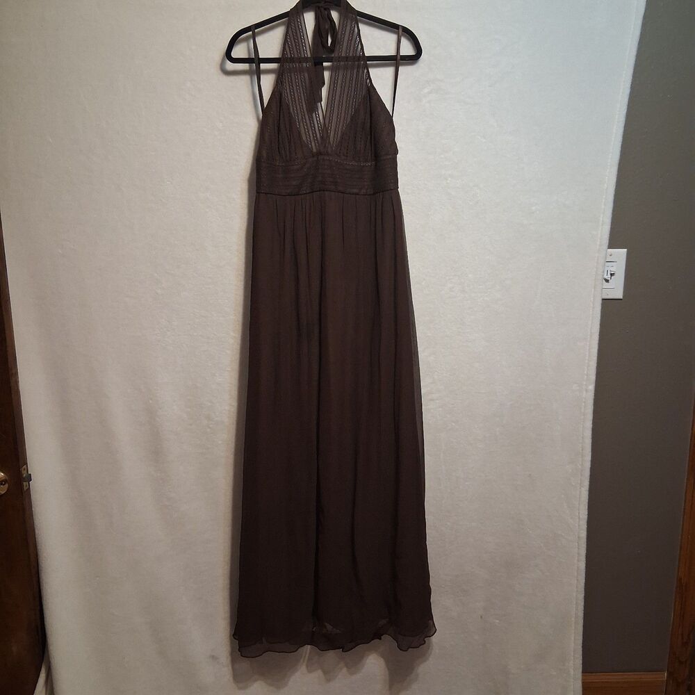 BCBG Maxazria 12 Dress Maxi Brown Chiffon Halter Tie Silk Ethereal Goblin Event